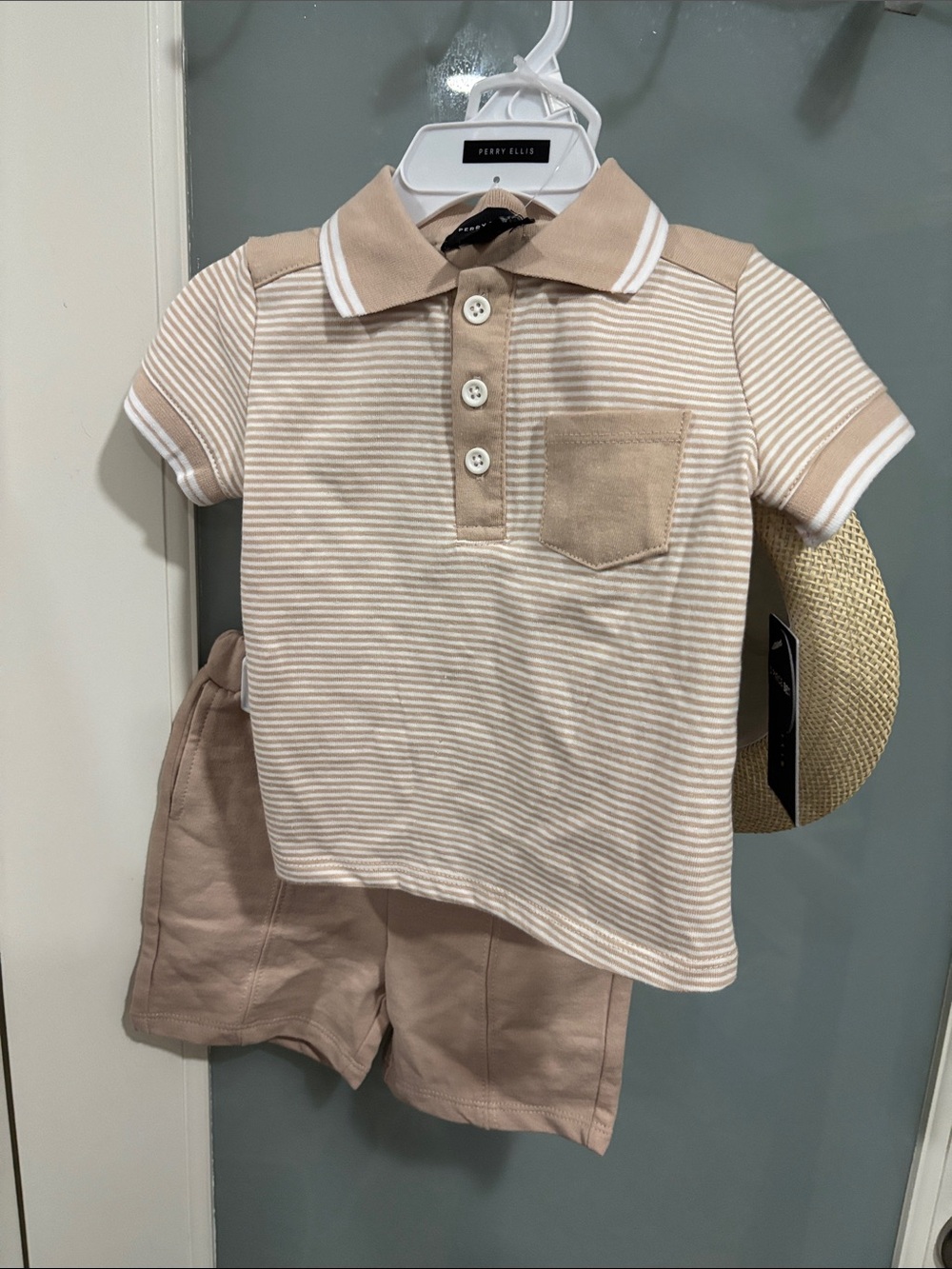 Perry Ellis Cream & Tan Striped Polo with Solid Tan Shorts